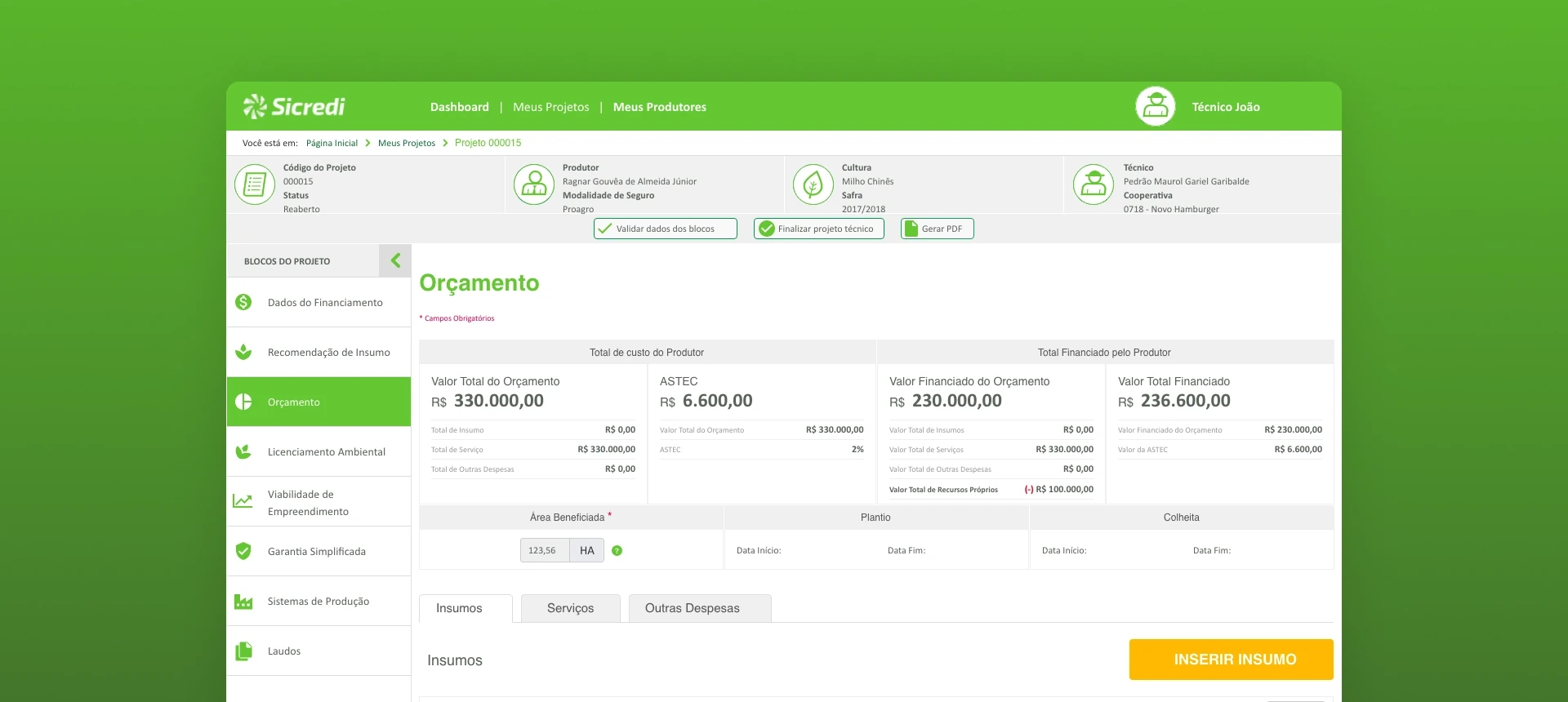 Protec Agro budget screen: project header, side navigation of project blocks and the budget summary