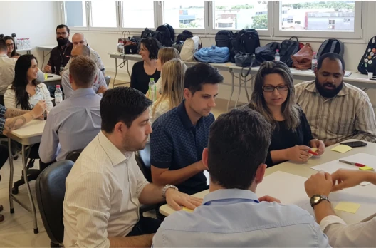 Product inception: teams working in small groups with sticky notes
