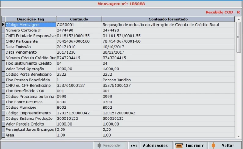 Legacy cooperative system: a message screen listing rural credit fields and values in a table