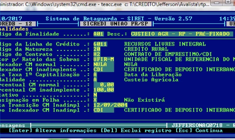 Legacy cooperative system: a terminal screen for rural credit settings