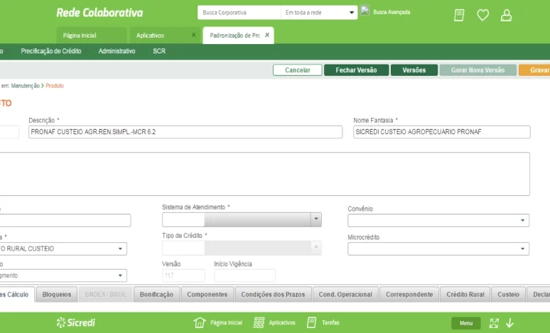 Cooperative web tool: a rural credit product setup form with many tabs
