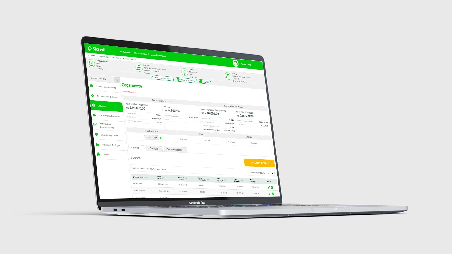 Protec Agro budget screen shown on a laptop