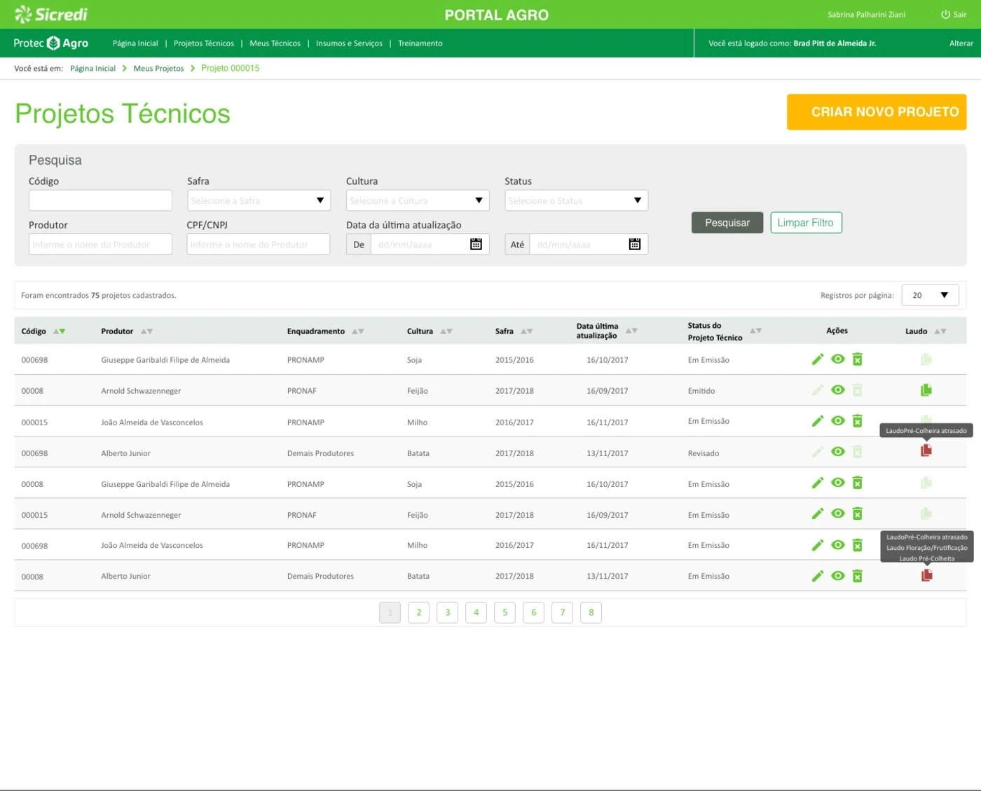 Technical projects list with search filters, status per project and report alerts