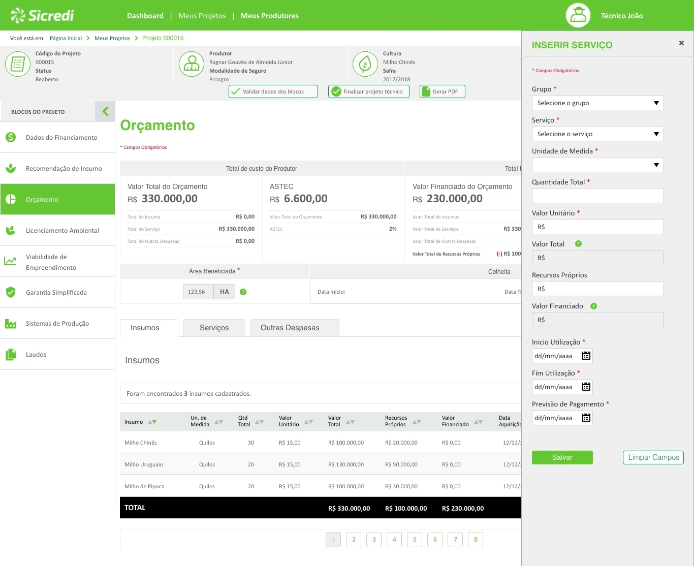 Insert service side panel open over the budget, with the totals and inputs table still visible