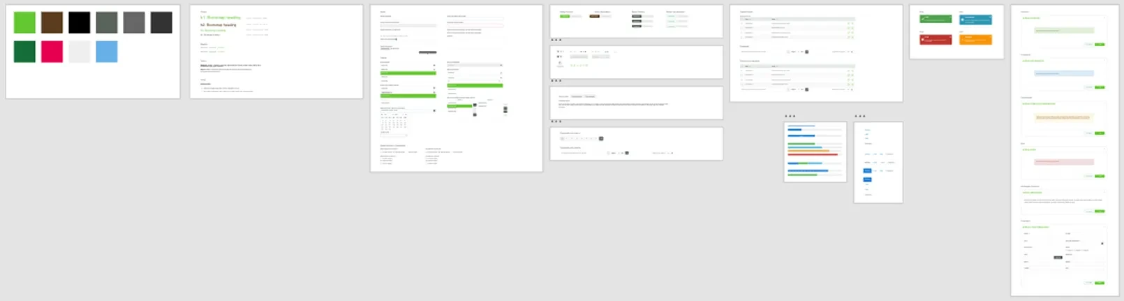 Protec Agro styleguide boards: colors, typography, form controls, tables, charts, alerts and modals