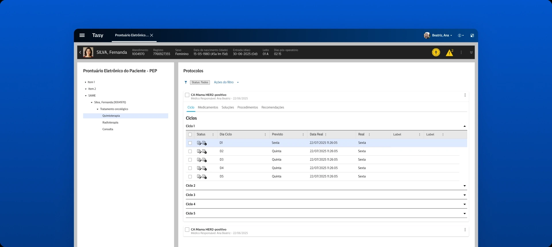 Tasy oncology protocols screen: patient header, record tree and treatment cycles on one view