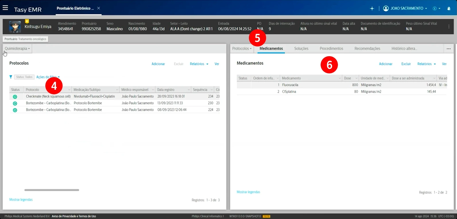 Legacy Tasy: Protocols list (4), Protocol Information panel opened on the right (5) with the treatment medications (6)